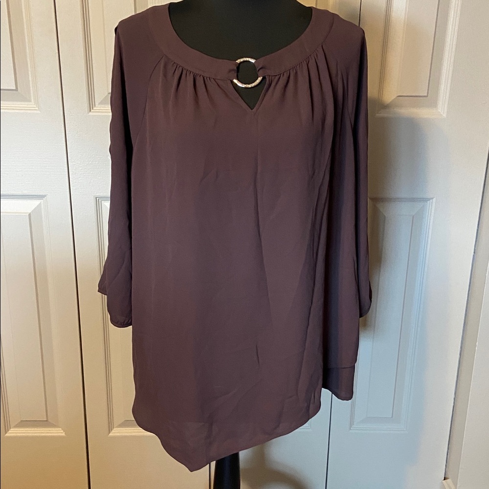 Chico’s NWT 3/4 Sleeve Brown Asymmetrical Hemline Blouse Women's Size Large Top